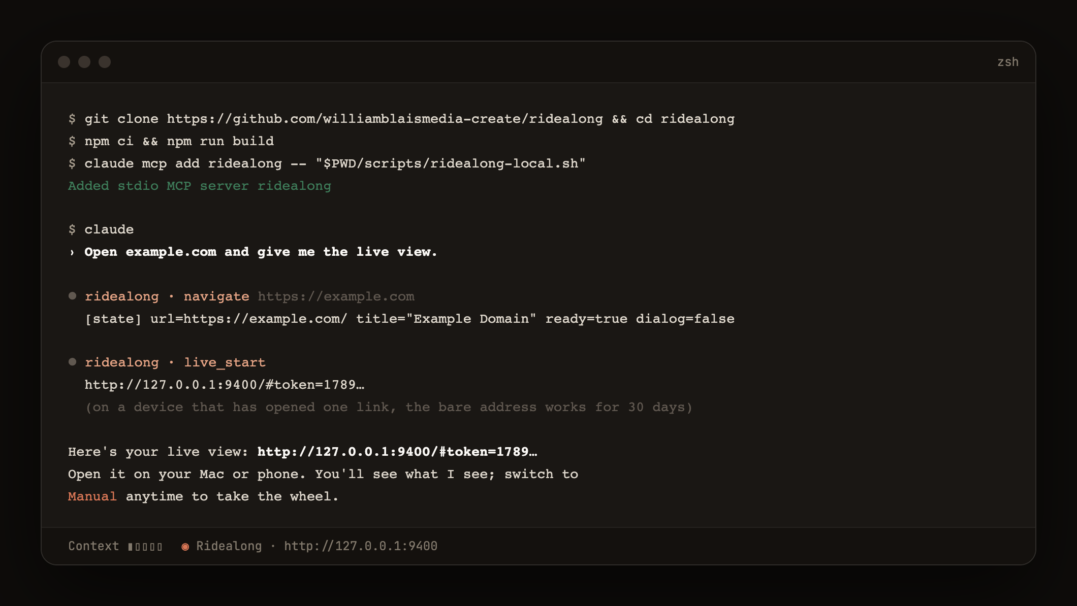 Terminal: installing Ridealong with claude mcp add, then asking Claude to open a site and hand out the live view link
