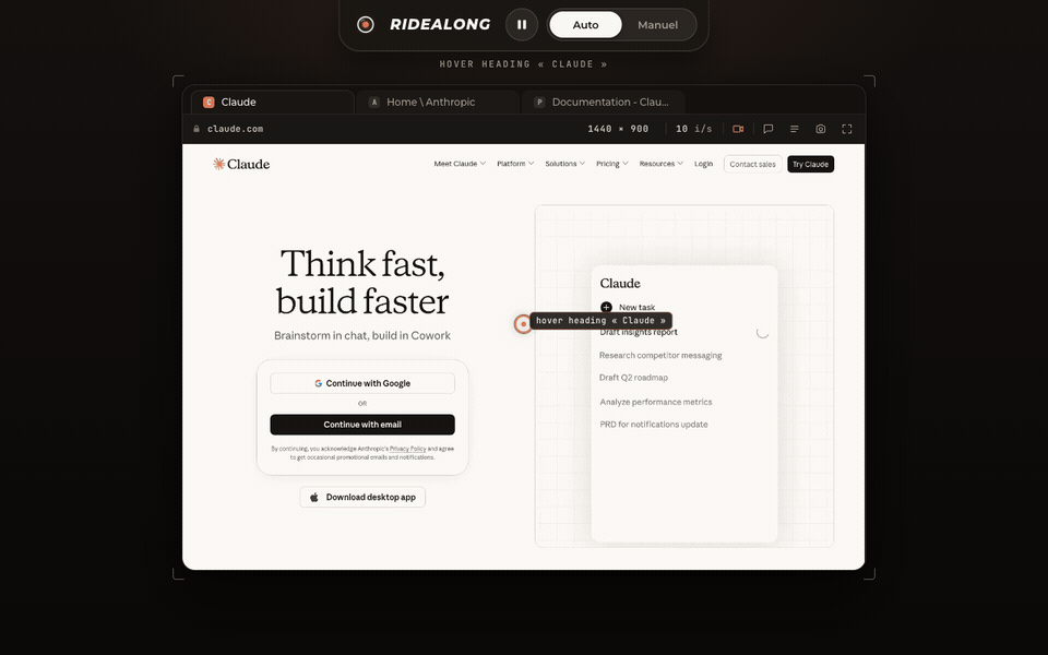 Ridealong live view: Claude's cursor moves across a real Chrome page while an action journal fills; the operator switches to Manual mode and the frame turns terracotta
