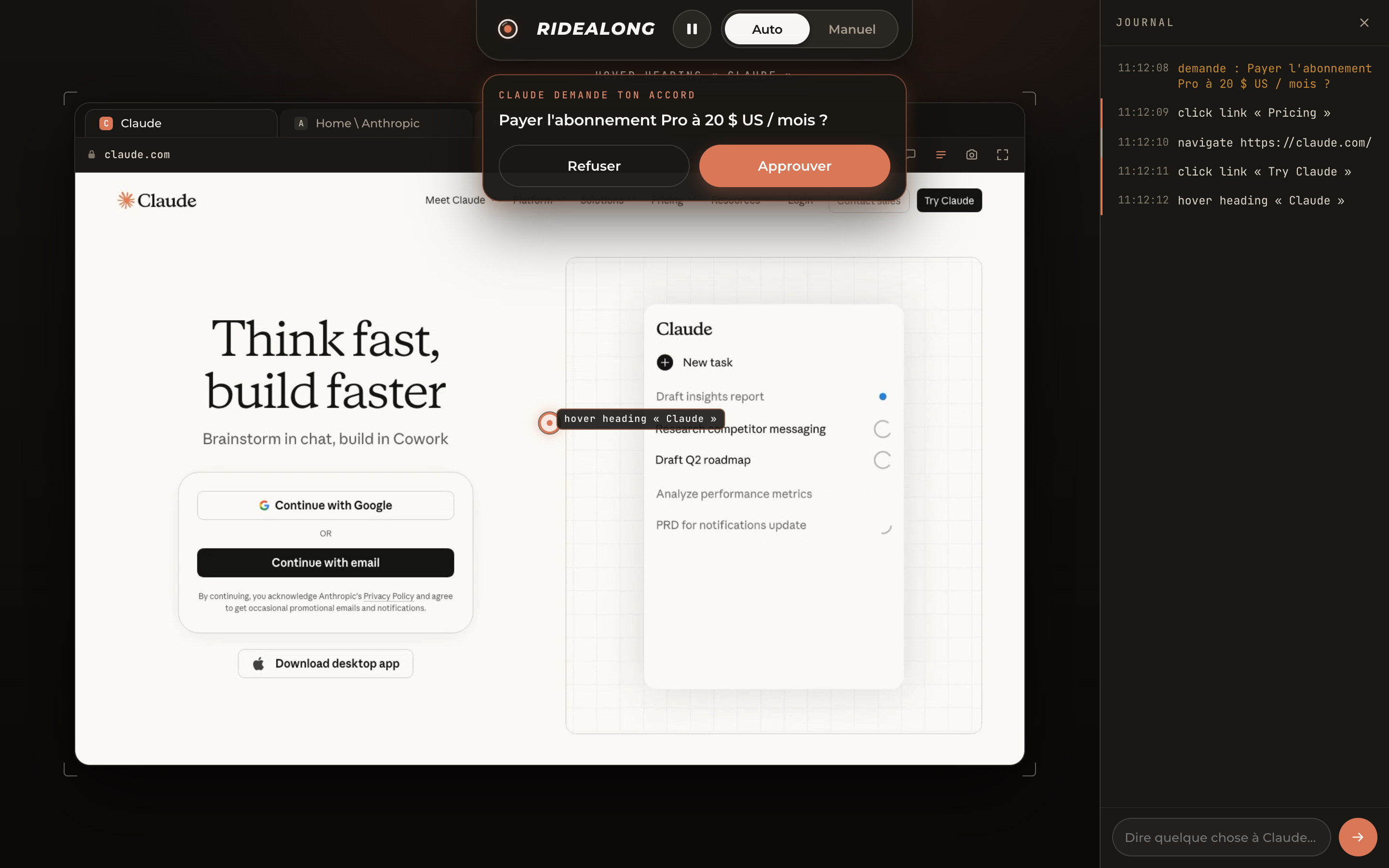 Ridealong live view on desktop: browser-style tabs, the address bar with resolution and frame rate, Claude's cursor and its label over a real page, the action journal open