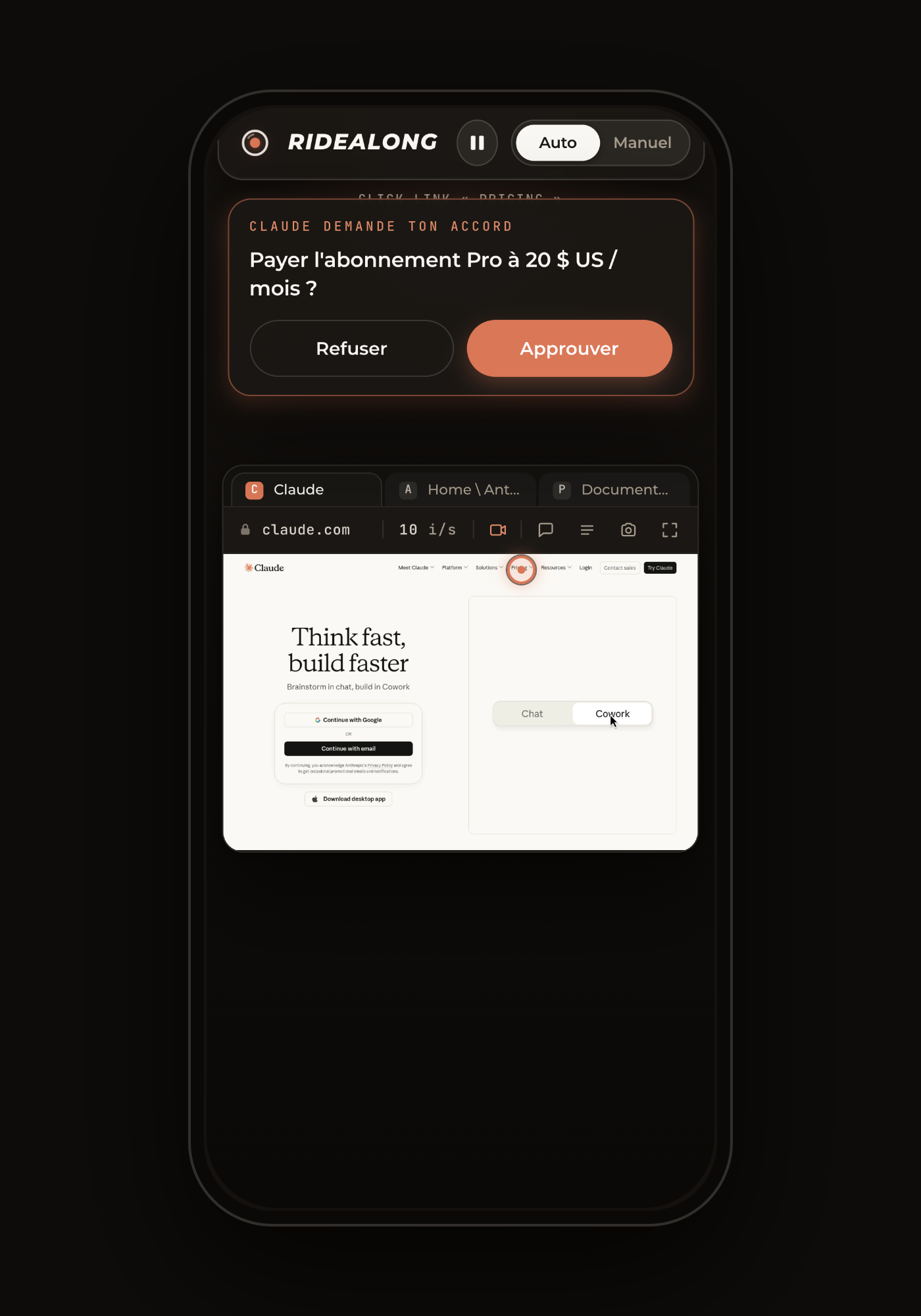 Ridealong on a phone: the notch with Auto and Manual, an approval card asking to pay a Pro subscription with Refuse and Approve buttons, the live Chrome frame
